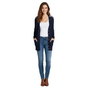 Tory Burch Jacet Peacock Silk Back Logo Button Pocket Cardigan Sweater Size L